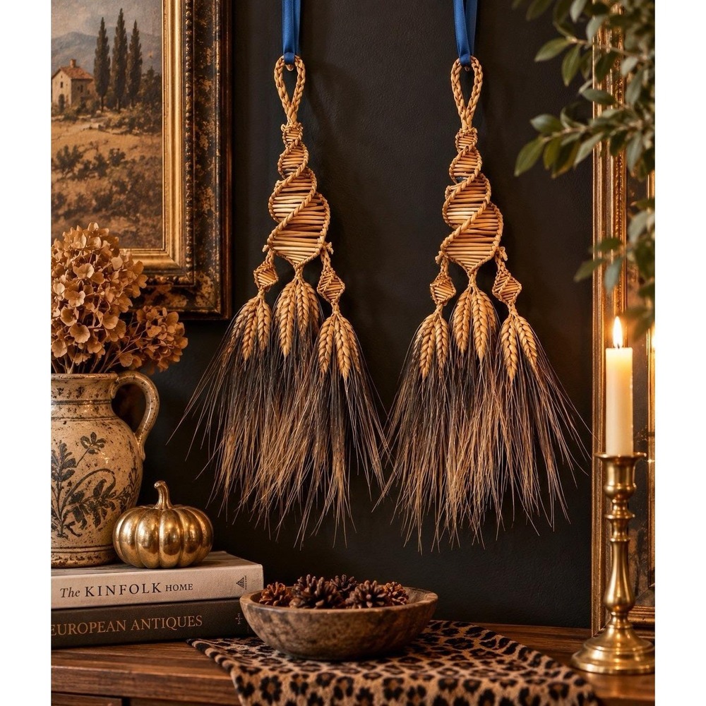 VTG Corn Dolly Pair Black Bearded Wheat Woven Straw Folk Art Wall Hangings 23"